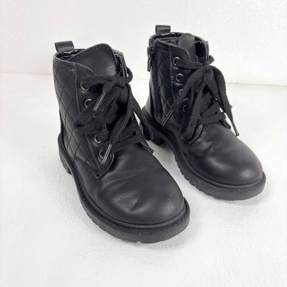 US Sports Black Quilted Combat Boots Girls Size 10 Zip Up The Side and Lace Up
